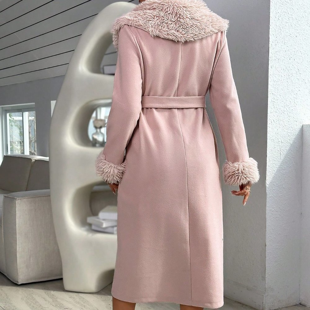 Dusty Pink Preppy Womens Borg Collar Belted Overcoat - Picture 2 of 4